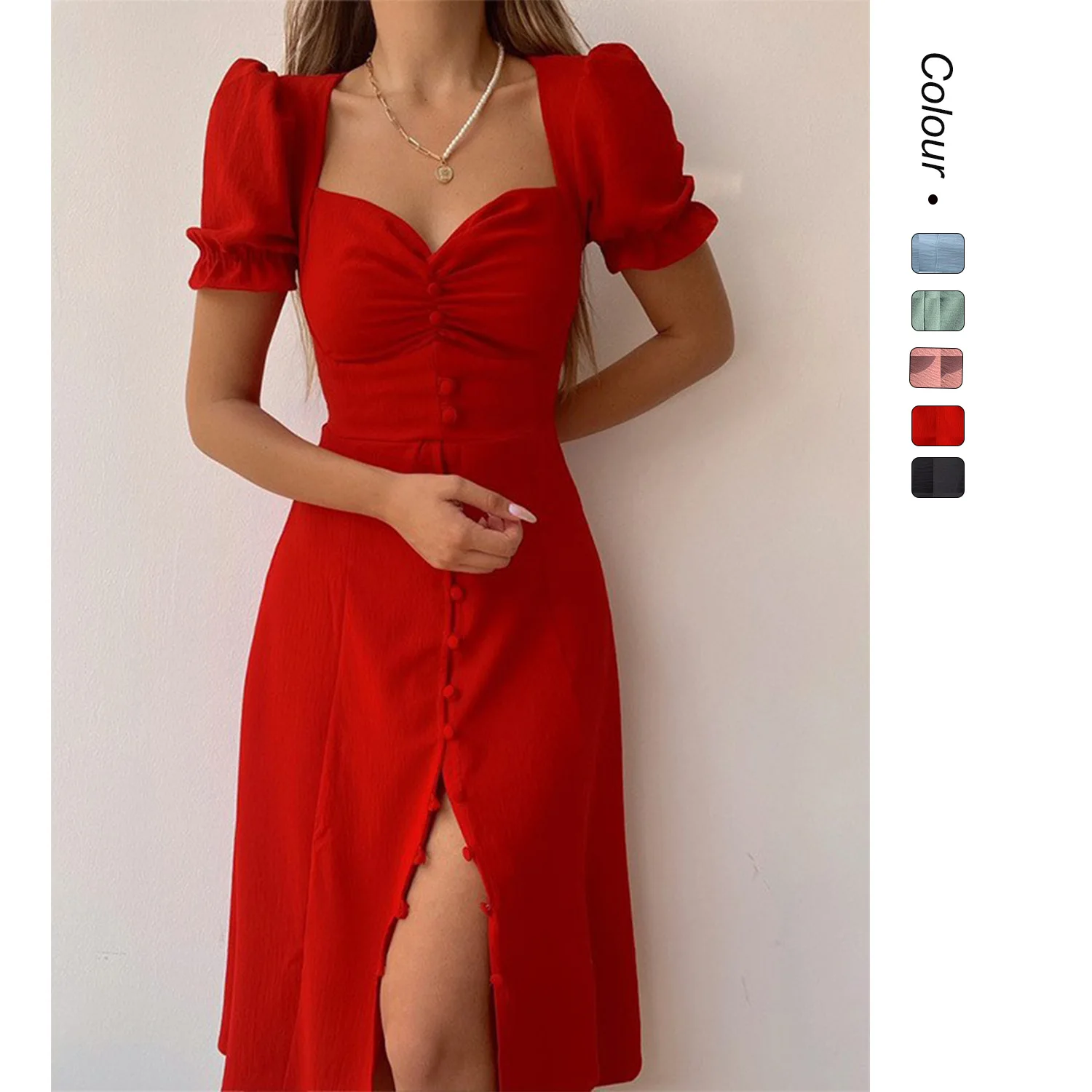 

2025 European and American Spring/Summer New V-neck Single breasted Medium length Dress with Temperament