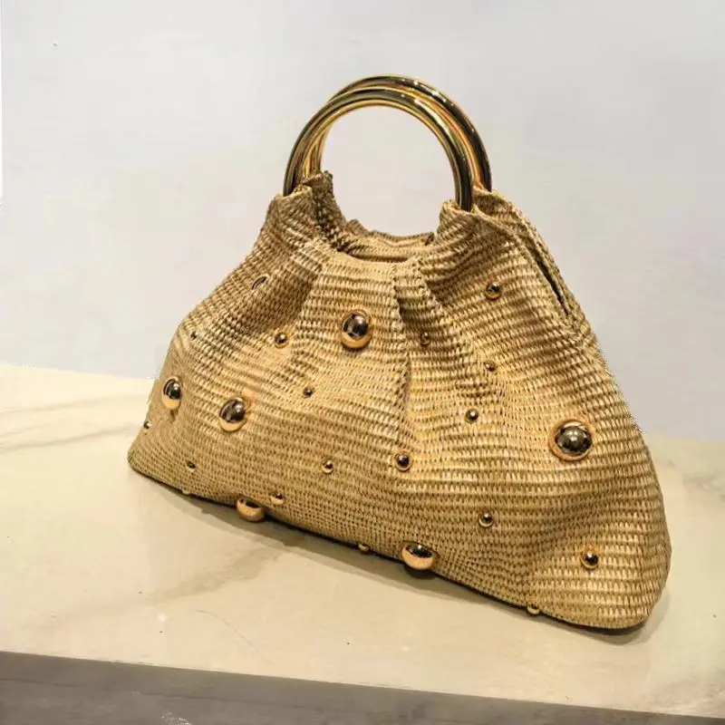Boho Beaded Straw Handbag Elegant Circle Handle Clutch Purse Summer Beach Woven Tote Women's Rattan Evening Bag For Wedding Bag