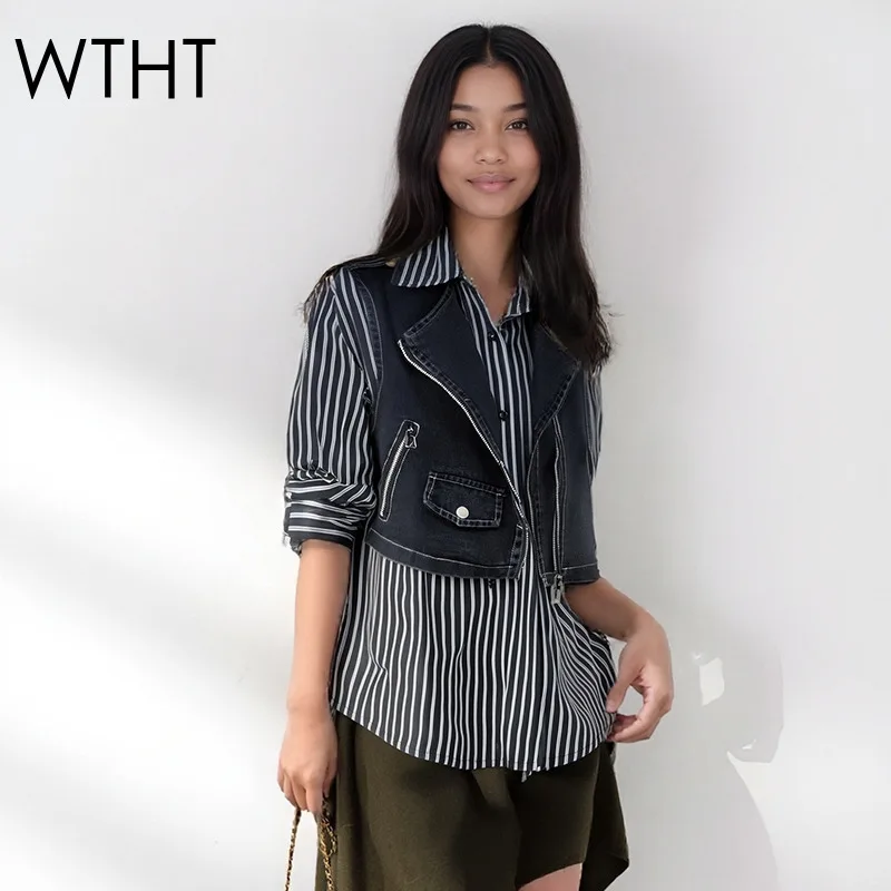 

WTHT Fashion New Women's Multi Zipper Denim Vest Lapel Long Sleeves Striped Shirt Two-piece Set Female 2025 Autumn 1LS2340