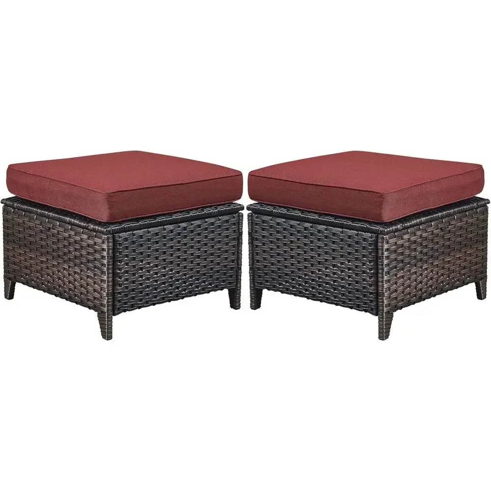 All-Weather Wicker Patio Ottoman Set with Cushions for 2, Suitable for Balcony and Backyard in Brown