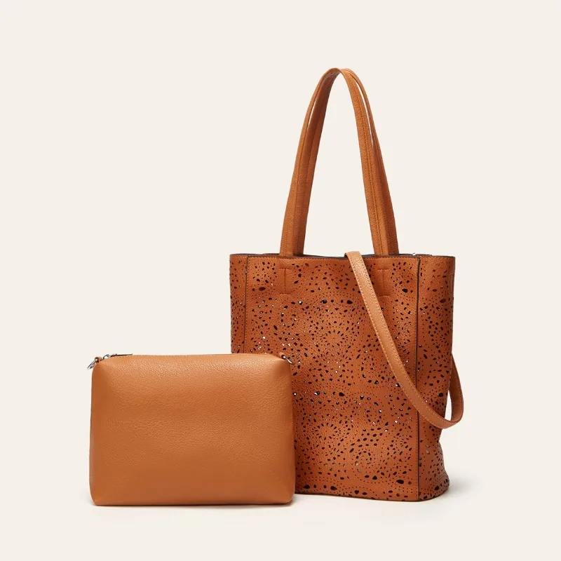 

2025 Autumn New Arrivals Soft Hollow Out Pu Leather Tote Bag Luxury Designer Women's Fashion Simple Shoulder Bag 2 Piece/set