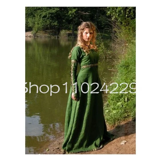 Vintage Hunter Green Renaissance Medieval Evening Dresses Long Sleeve Bustle Renaissance Theater Costume Prom Gown Outfit