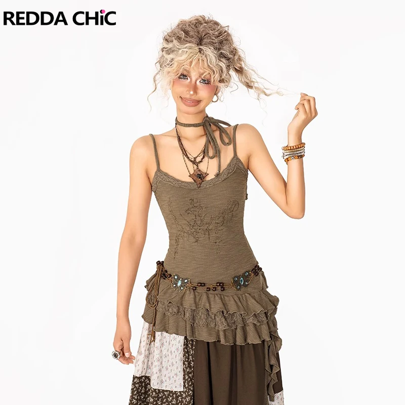 

REDDACHiC Flowy Ruffle Hem Women's Camisole Western Vintage Knit Stitch Lace Slim Spaghetti Straps Tiered Top Y2k Summer Clothes