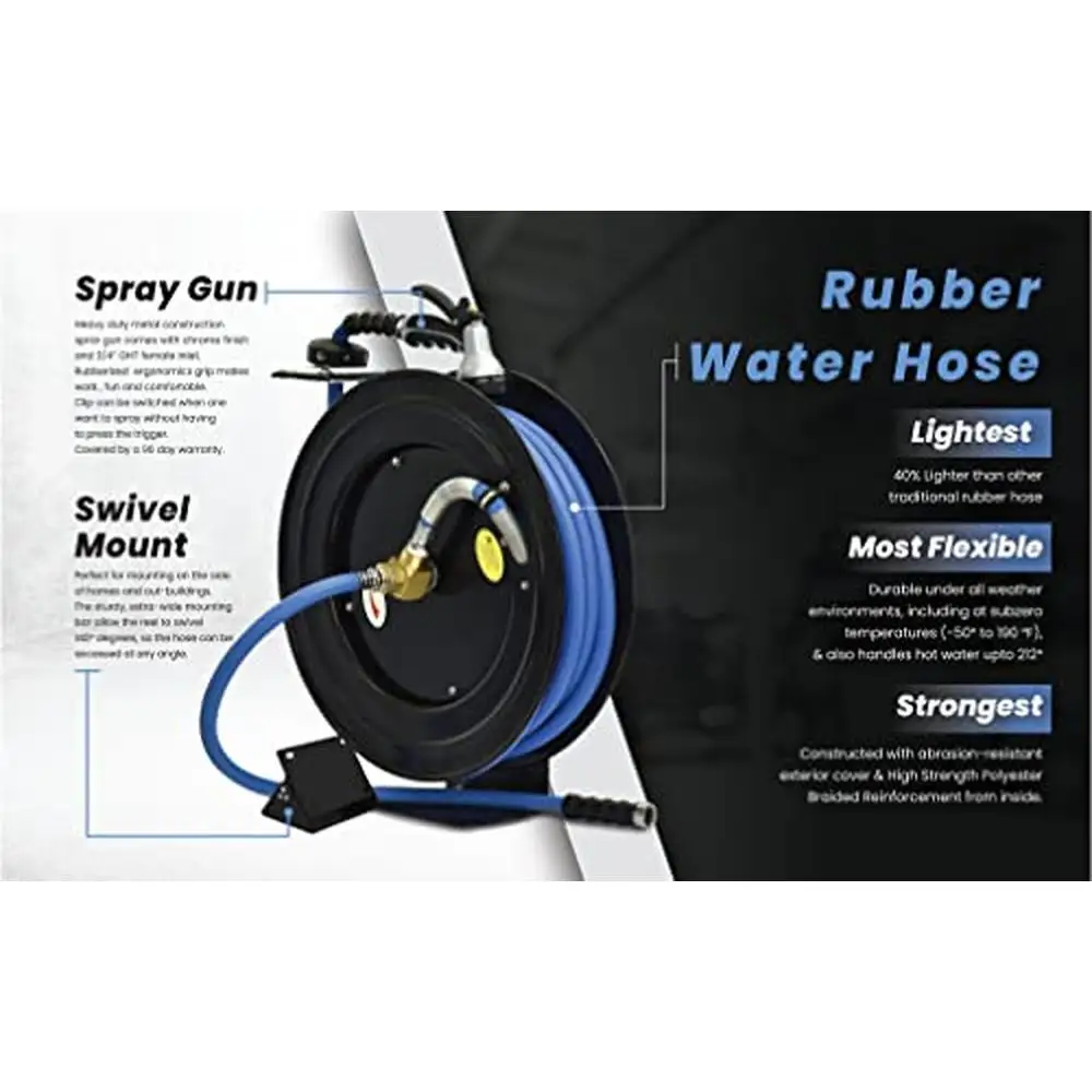 Retractable Hose Reel 50ft 1/2" Hot Water Rubber Hose 9 Pattern Spray Swivel Mount Heavy-Duty Brass Smooth Auto-Rewind 212°F Max