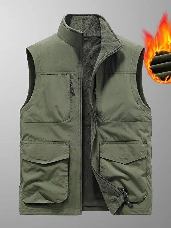 

New Men's Fce Lined Vest Winter Large Size Multi ket Workwear Jaet Thiened Zipper Closure Collar Regular Length
