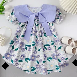 Bear Leader Korean Children's Girls' Dress Flip Neck Bow Flower Print Bubble Sleeve Dress Children's Fashion Girls' Dress