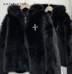 Y2K Imitation Fur Black Plush Coat Winter New Loose Slim Warm Toka Hooded Coats Women Sexy Sweet Commute Style Jackets Female