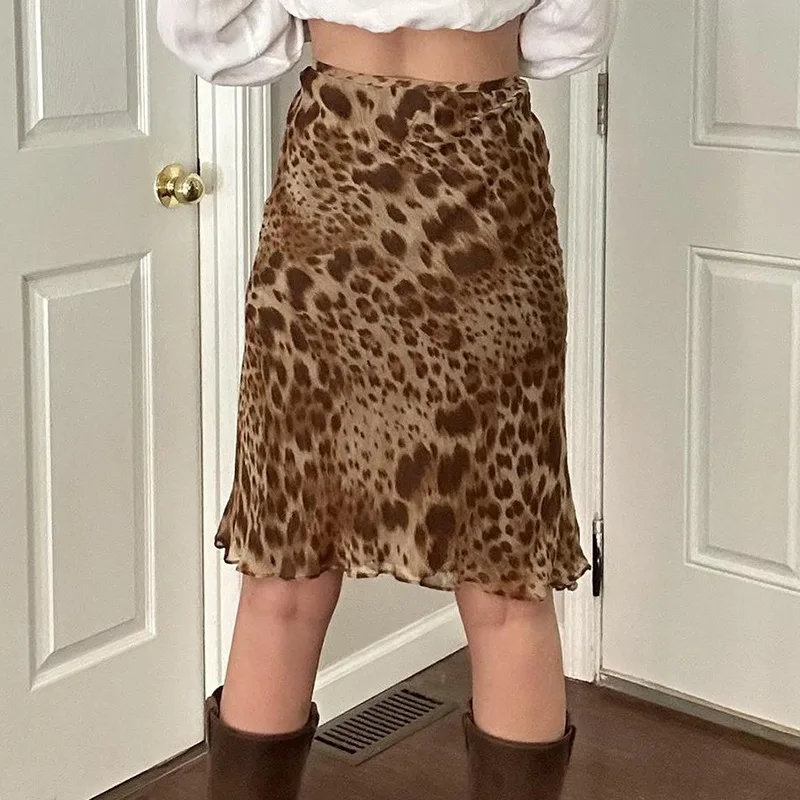 Street Style American Maturity Leopard Print Mesh Half Skirt Spicy Girl Low Waist Design Slimming  mid Length Skirt