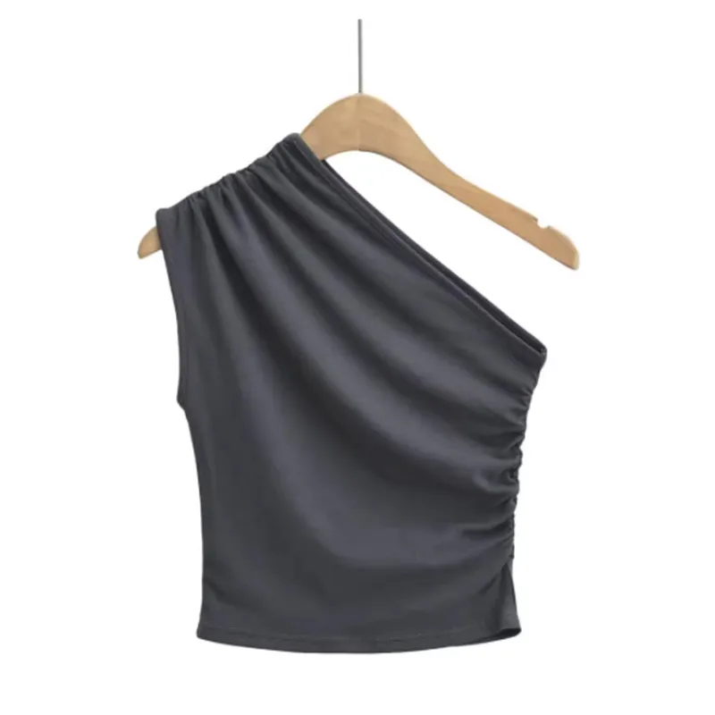 Top Corto Asimétrico Sexy y Moderno con Diseño de Pliegues Laters, Estilo Informal para el Trabajo, Color Sólido, Estilo V...