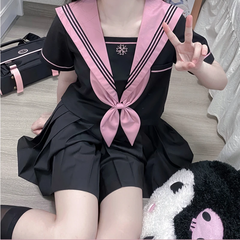 Japanese Kawaii School Uniform Student Flower Embroidery Blouses Pleated Skirt Full Set Girl Harajuku Sexy JK Uniforms for Women