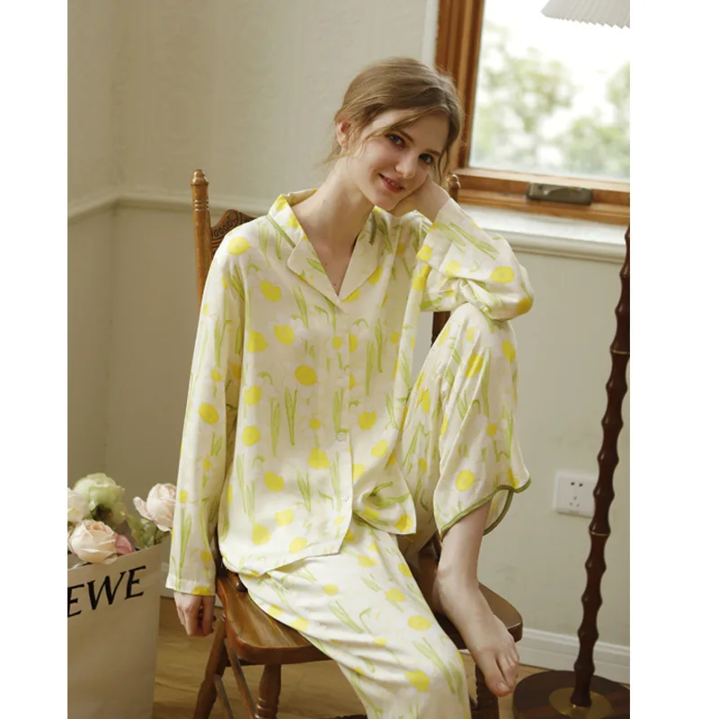 Autumn 2022 Pajamas for Women Satin Daffodils Printed Long-sleeved Trousers Pijamas Viscose Floral 2 Piece Sets Grace Home Wear