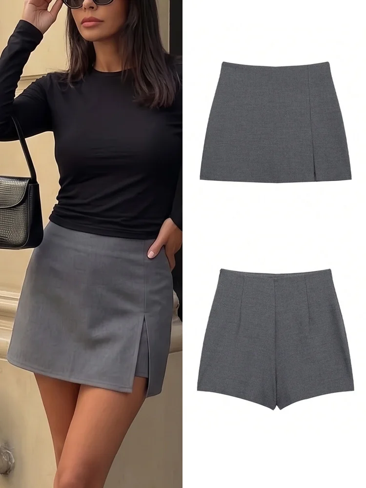 

HH Women Summer Fashion Side Zipper Fly Slim Casual Shorts Elegant Slit Gray Mini Pants 2026 New Night Date formal Party Wear