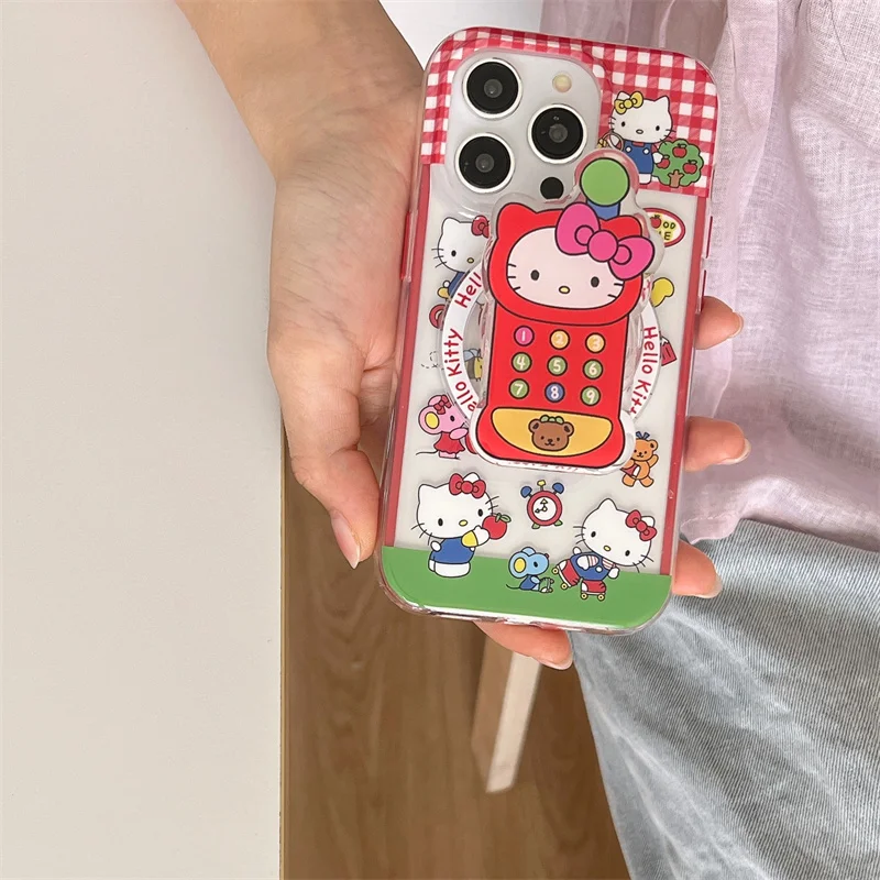 Śliczne różowe etui z kratką Hello Kitty Magsafe do ładowania bezprzewodowego dla iPhone\'a 13 14 15 Pro Max 16 Pro Max Urocza mobilna podstawka