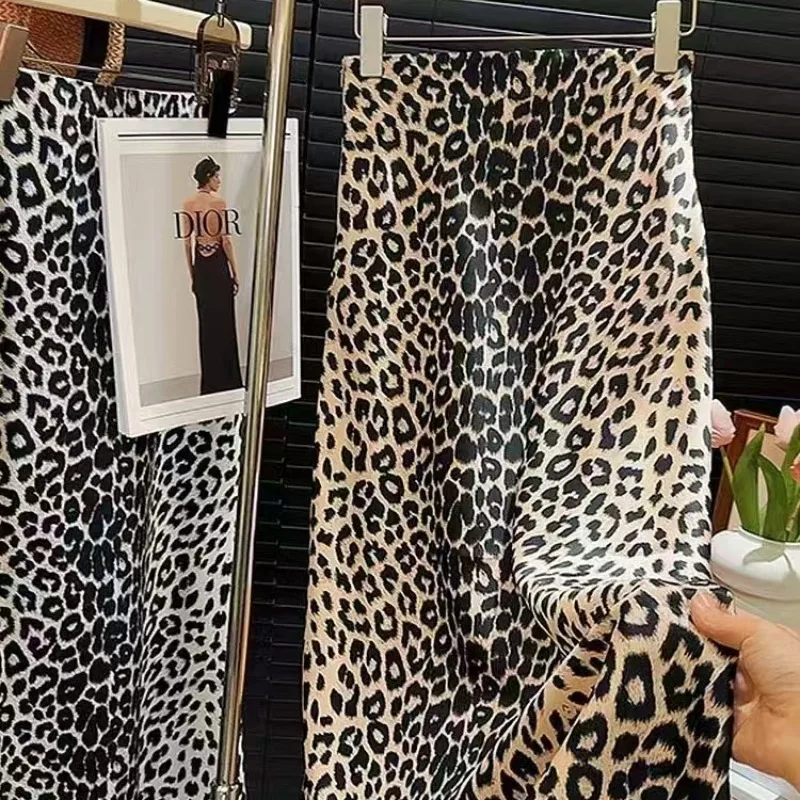 Sexy Leopard Print Satin f Skirt High Waist Elastic Smooth Long Skirt Cross-Border 3 Colors Women's Summer Loose Fit Skirt