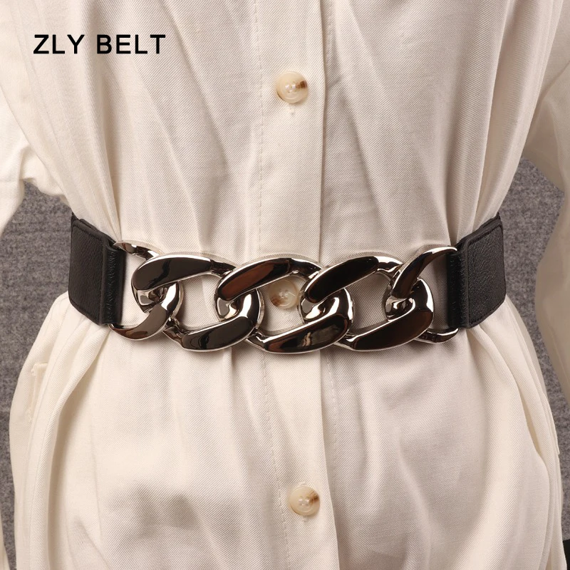 2024 New Fashion Waistband Women Luxury Elastic Black PU Leather Material 60CM Golden Round Buckle Dress Coat Style Waist Band