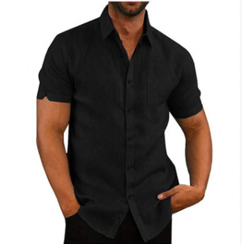 CIGY-Camisa masculina de manga curta de linho, lapela, cor sólida, roupas de verão, venda quente