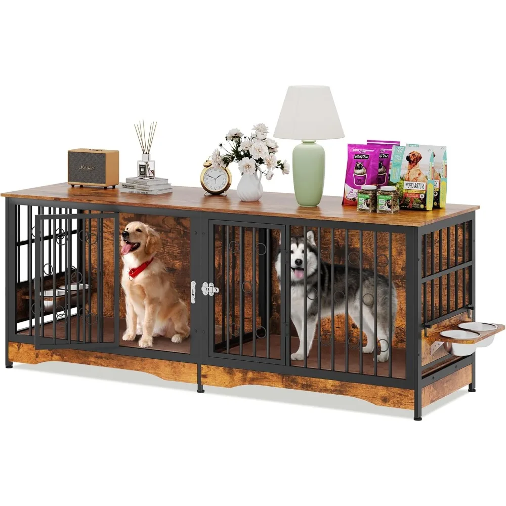 Crate Furniture Large Storage TV Stand with Dual Cushion / 4 Bowls/Double Rooms, Wooden Dog Kennel Dog Crate End Table