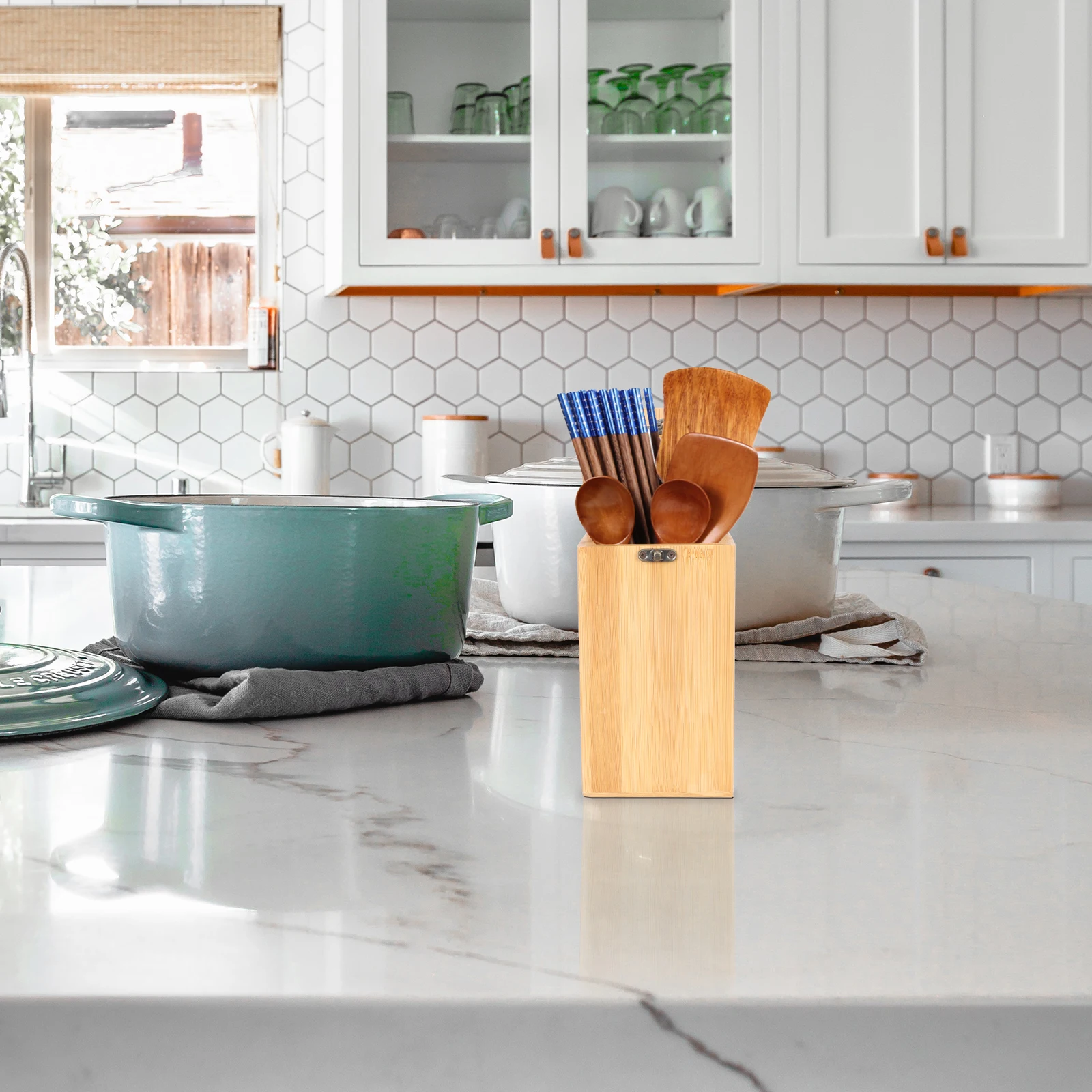 

Bamboo Cutlery Organizer with Drain Holes Countertop Utensil Storage Box Silverware Holder for Kitchen Camping Tableware