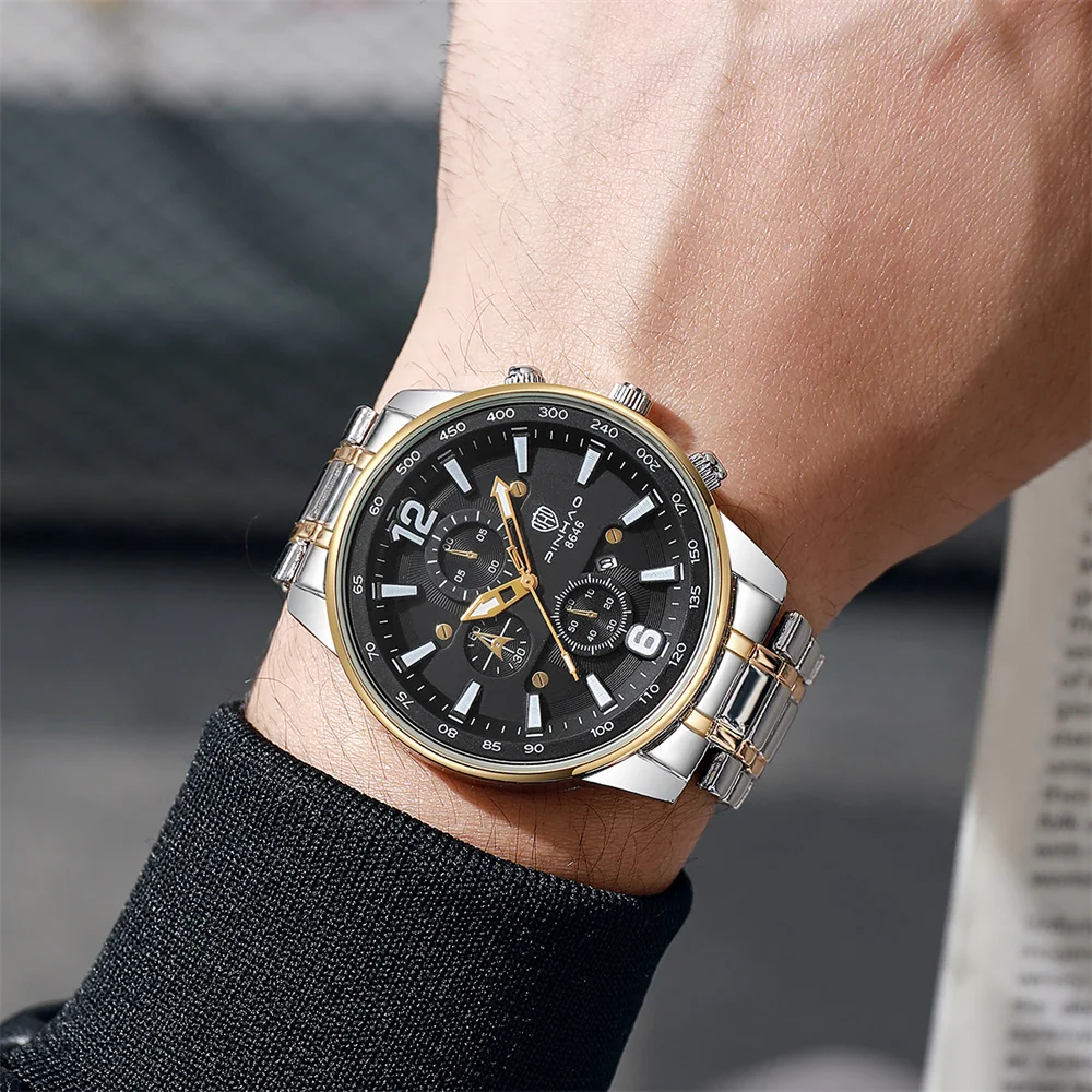 Men's Two Tone Quartz Watch Decorative Sub Dials Date Window Stainless Steel Band Business Sports Wristwatch