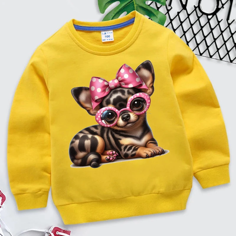 Autumn Children's Clothing Bow Tie Dog Cartoon Print Sweatshirt Baby Boys Crew Neck Tops Kids Coat Dog Wearing Glasses Pullovers