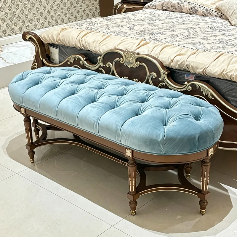 Exquisite Hand-Carving Customized Luxury Home Bedroom Solid Wood Bench Sky-blue Velvet Tufted Upholstery Bed Bench Wood