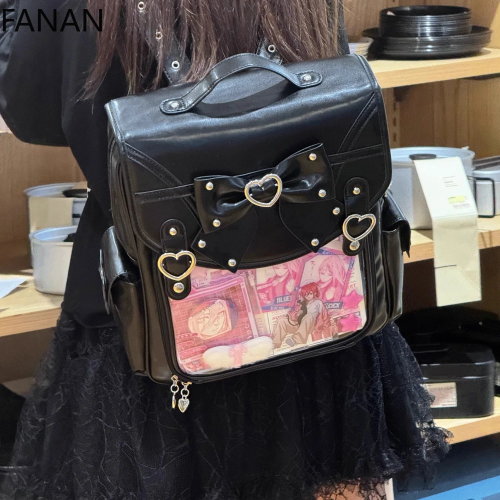 

Shoulder Crossbody Bags Punk Black Kawaii Backpacks Original Design Commuter Patent Leather Large Capacity Transparent Itabag