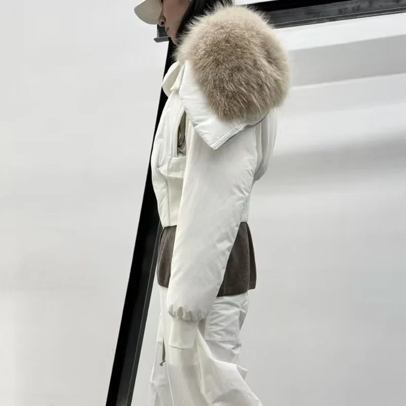 Mit Daunen gefüllter Schalmantel für Damen, langärmelige warme Jacke mit großem Pelzkragen, hochwertiger, taillierter Parka, 2025, neu