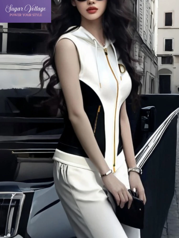 

New Autumn French Elegant High End Hooded Vest Coat Women Contrast Color Zipper Slim Jacket Temperament Ladies Causal Outwear