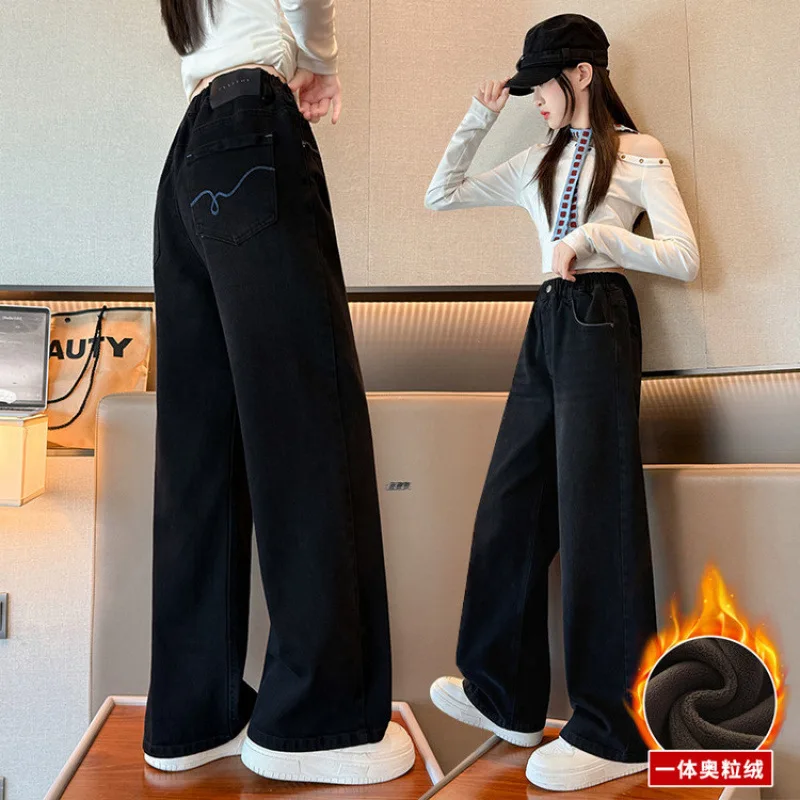 여아용 플리스 안감 데님 와이드 레그 팬츠 스타일리시한 겨울 바지 큰 아이들을 위한 내구성 있고 편안한 움직임