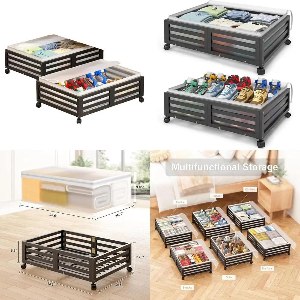 

Rolling Bamboo Underbed Storage Containers with Wheels for Shoes, Clothes, Blankets, and More (Black)