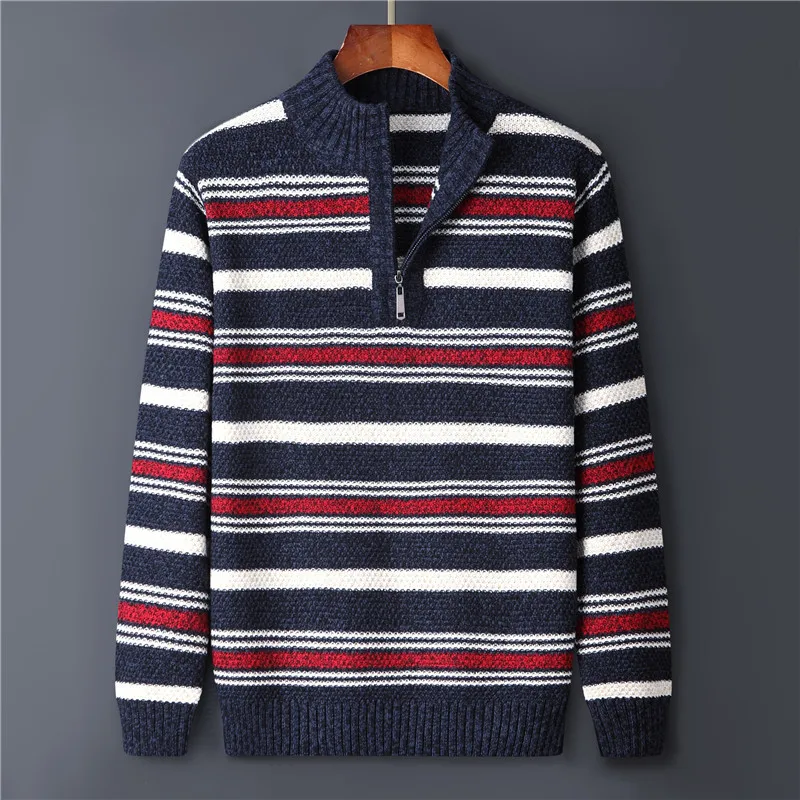 Half Zipper Autumn Men Sweater Knitted Clothing Knit Wear Striped Pullovers Men Coat HombreFashion Big Size M-4XL 5XL 6XL 7XL