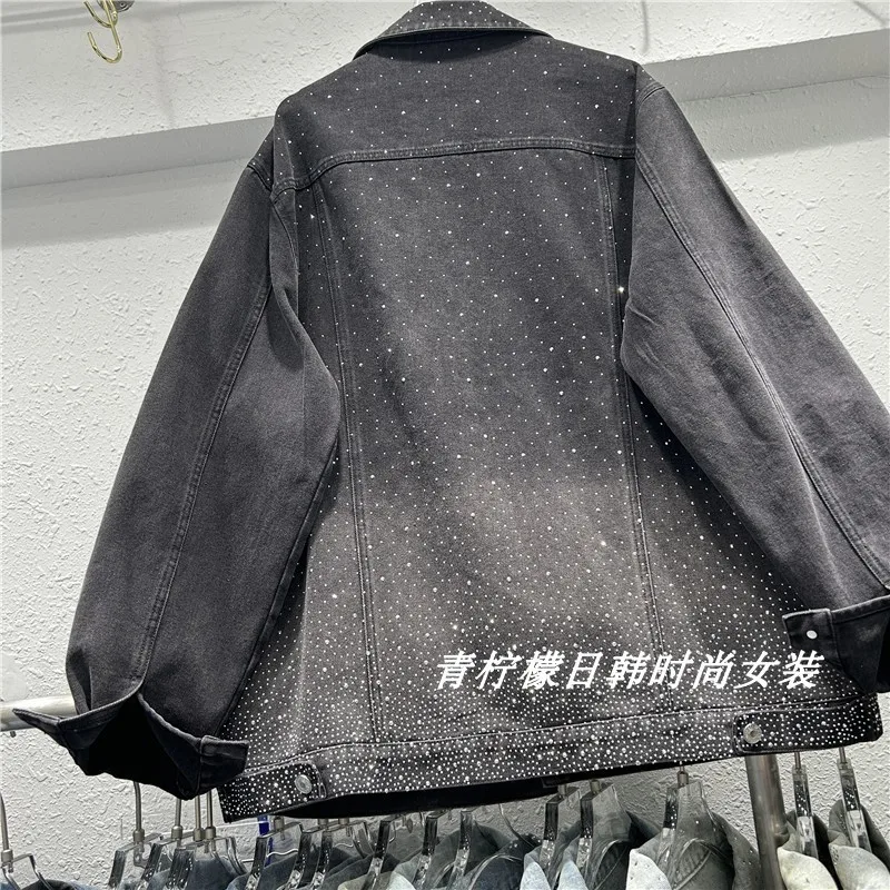 Vintage Washed Black Denim Jacket Spring New Women Fashion Diamond Loose Casual Lapel Long Sleeve Jeans Jacket Coat Streetwear