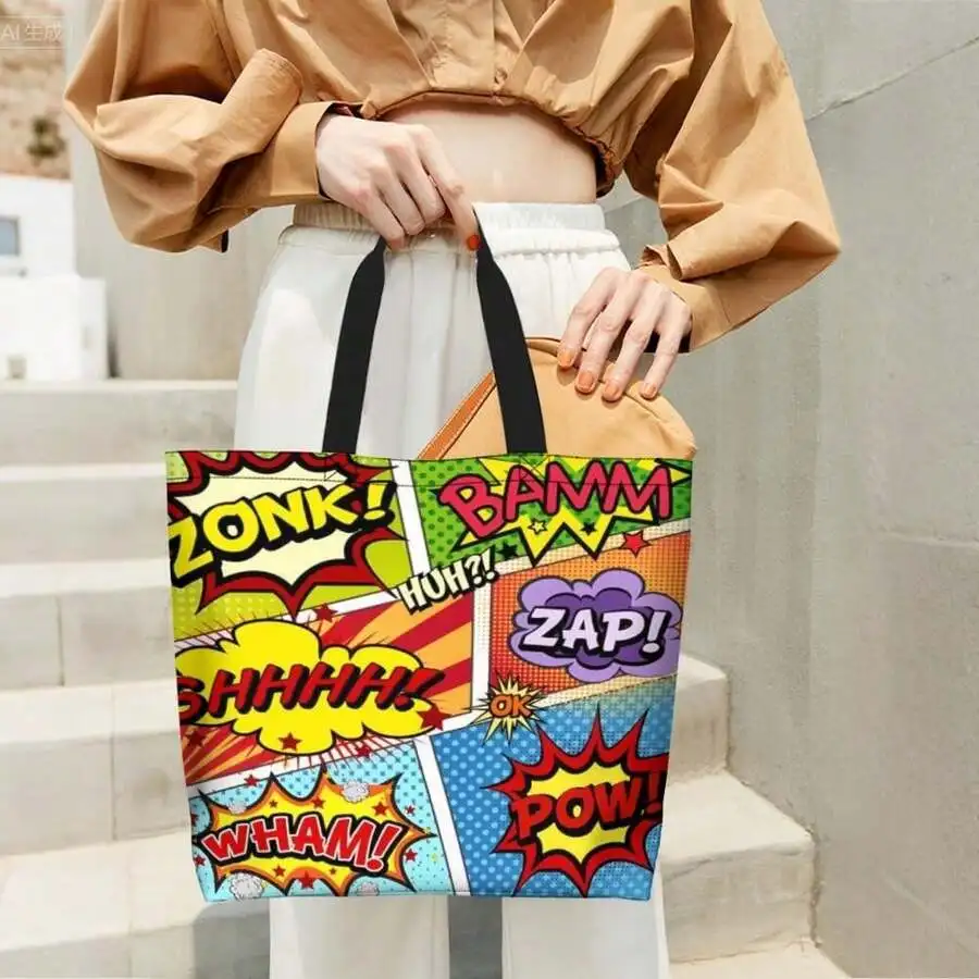 

Comic Style Tote Bag With Pop Art Sound Effects Zonk Bamm Zap Wham Pow Casual Fashion Handbag For Women