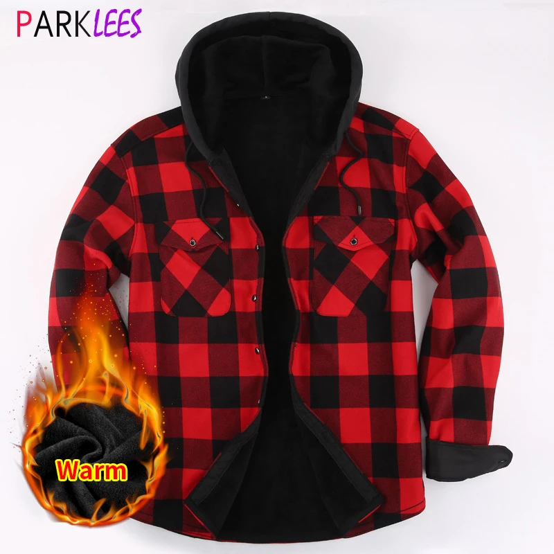 Red Black Hooded Plaid Western Cowboy Winter Shirt Jacket for Men Fleece Linend Flannel Casual Warm Checkered Shirt Male Chemise