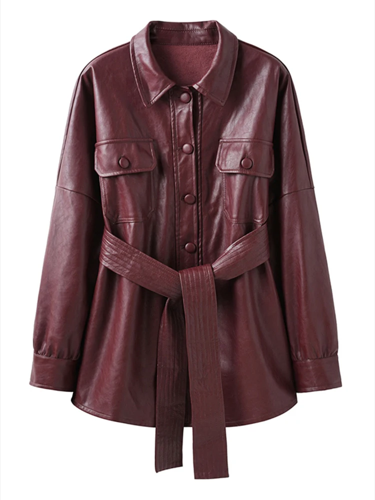 Spring Casual Vintage Mid-length Faux PU Leather Jacket With Belt Wine Red Black  Lapel Single-breasted Long Sleeve Female Coat