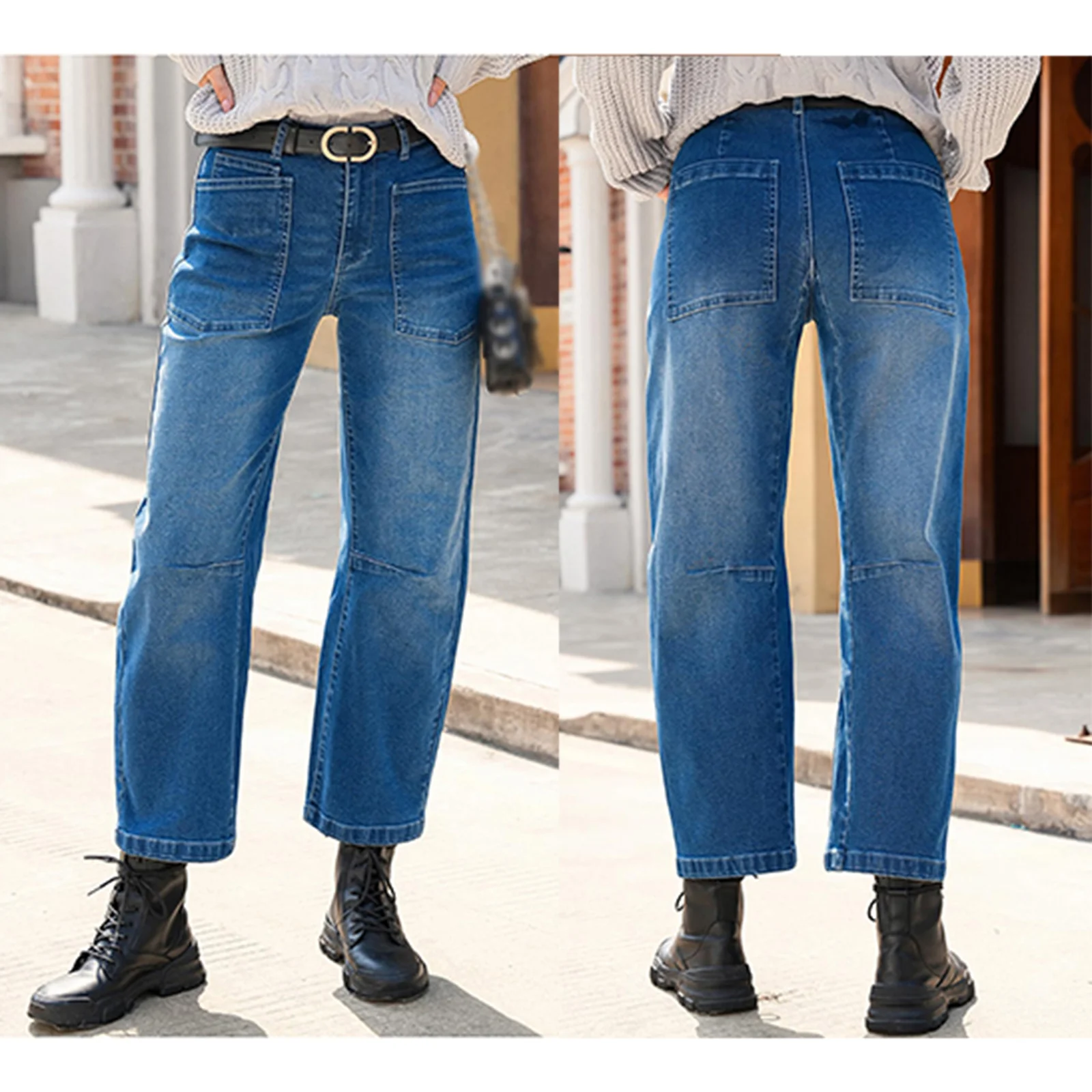 Women's Baggy Barrel Jeans High Waisted Wide Leg Boyfriend Denim Ankle Pants with Multi Pockets