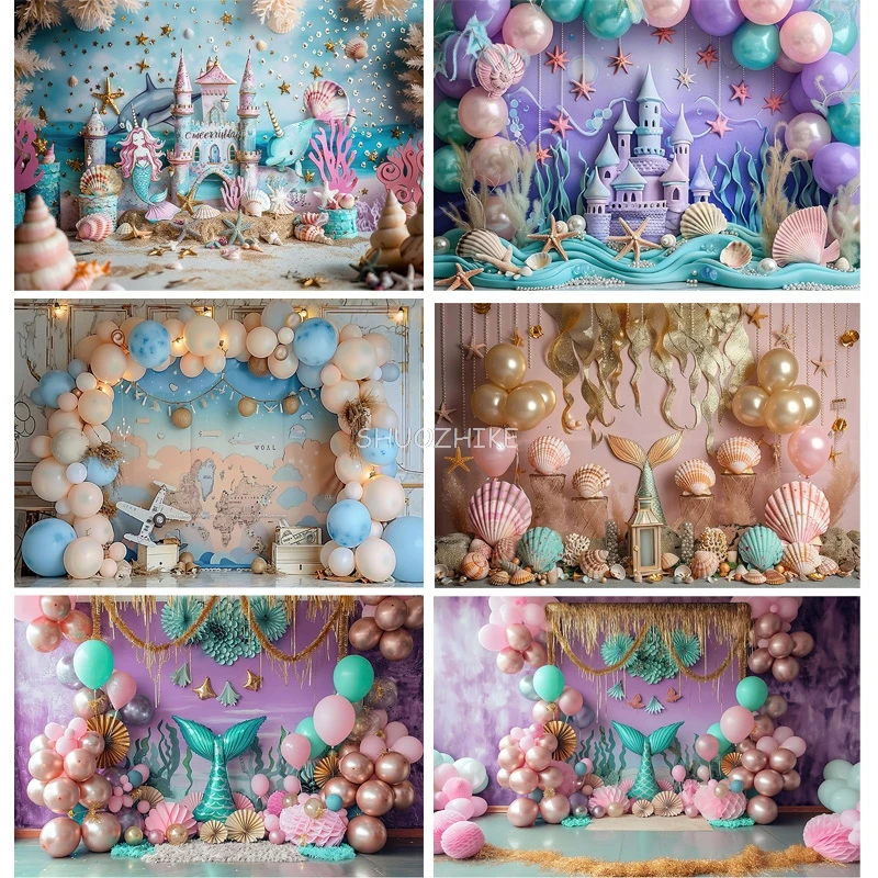 

Fairy Castle Mermaid Seashells Circus Tent Photography Backdrops Balloons Birthday Party Decor Photo Studio Background NR-02