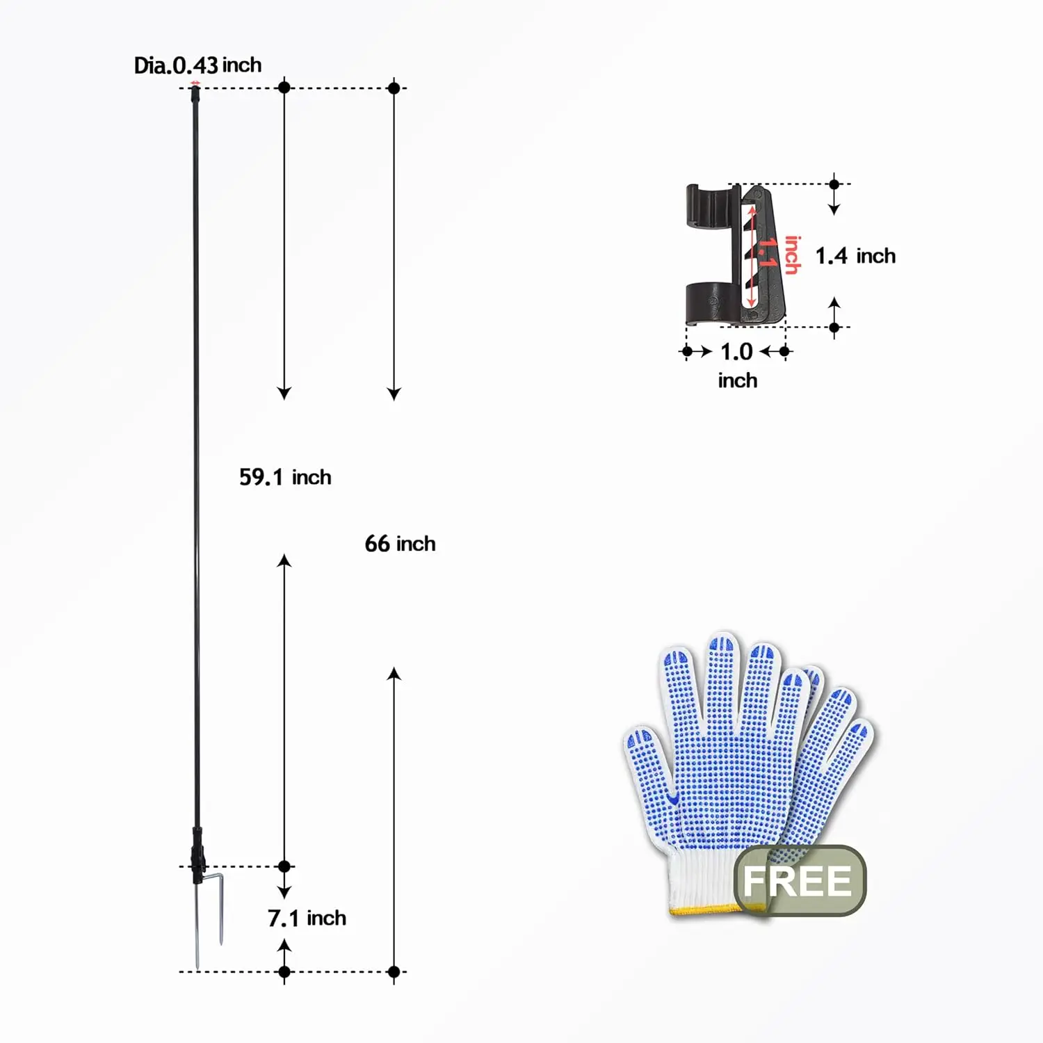 66 Inches High Fiberglass Step-In Electric Fence Portable Posts With Double Spikes - 55 Posts Come With 275 Clips For