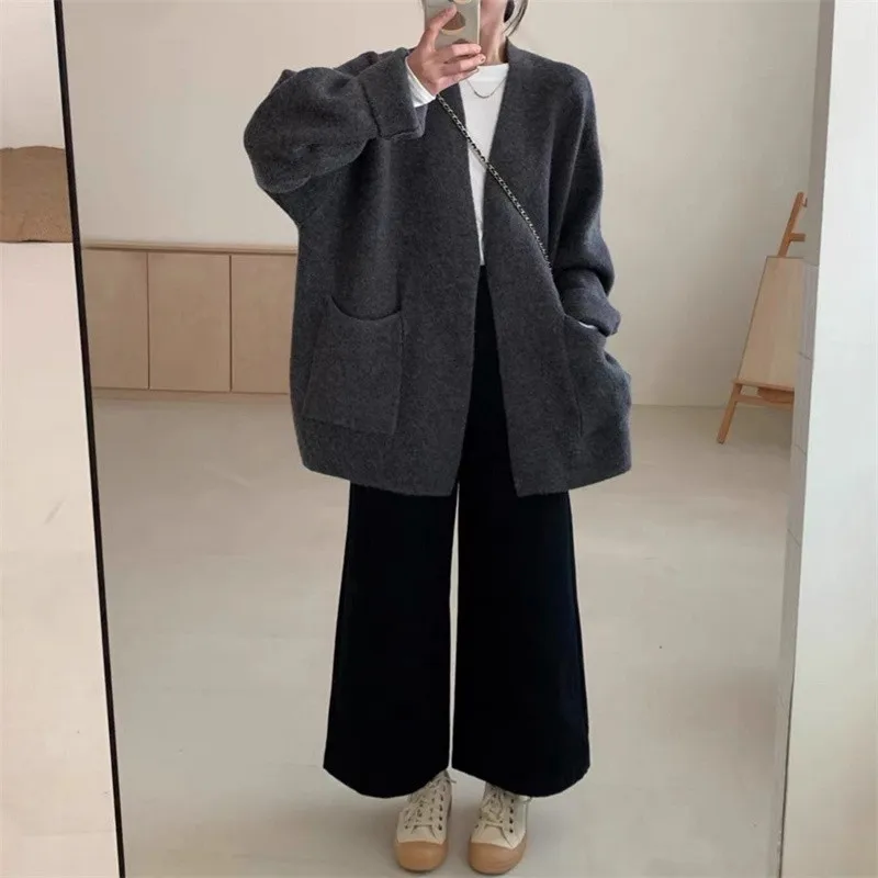 

New Autumn/Winter Fashion Casual Long Sleeve Solid Color Pockets Loose Fit Open Stitch Outerwear,4 Colors