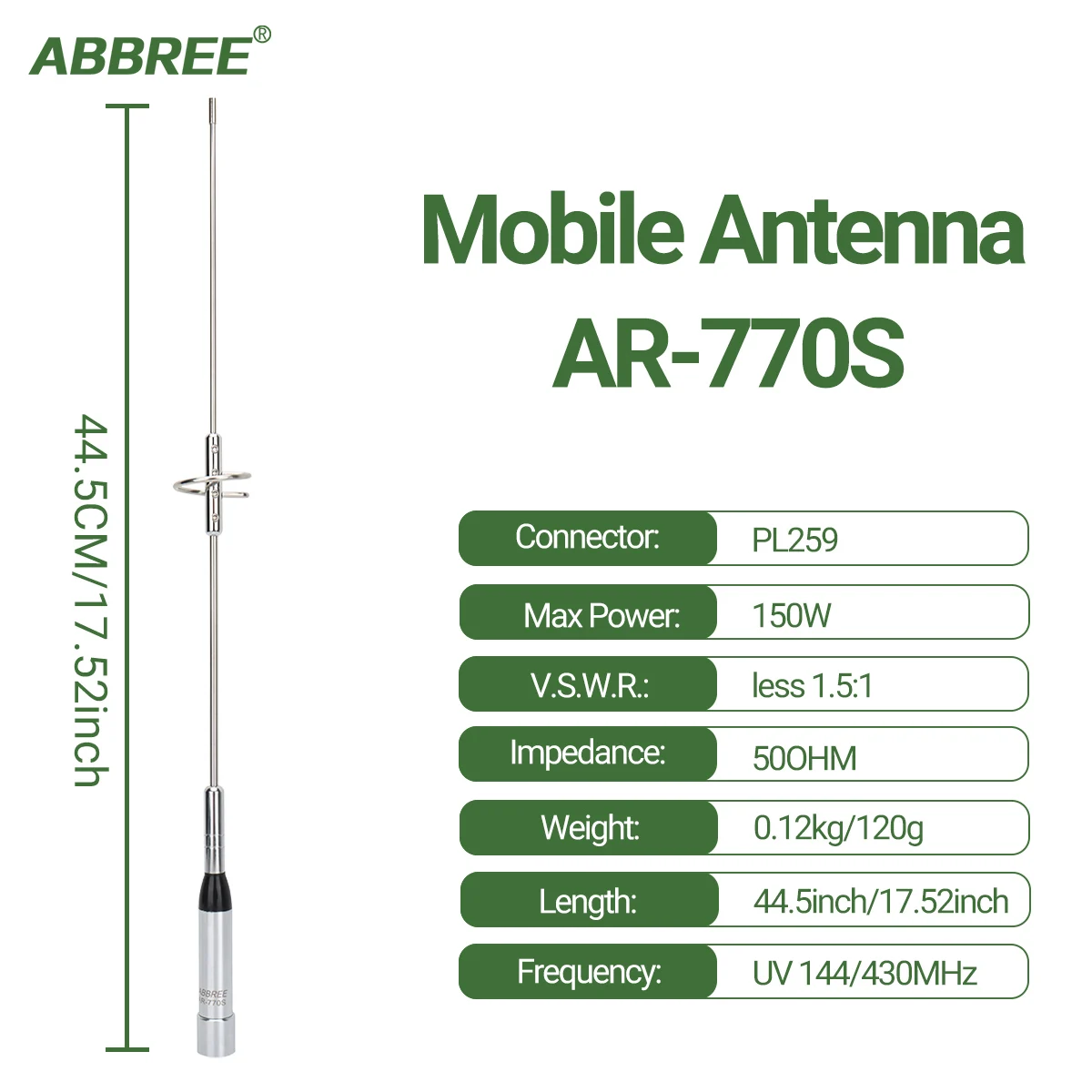 ABBREE AR-770S Dual Band Antenna VHF UHF 144/430MHz High Gain For TYT Baojie BJ-218 QYT KT-8900D Amateur Car Radio Mobile Radio