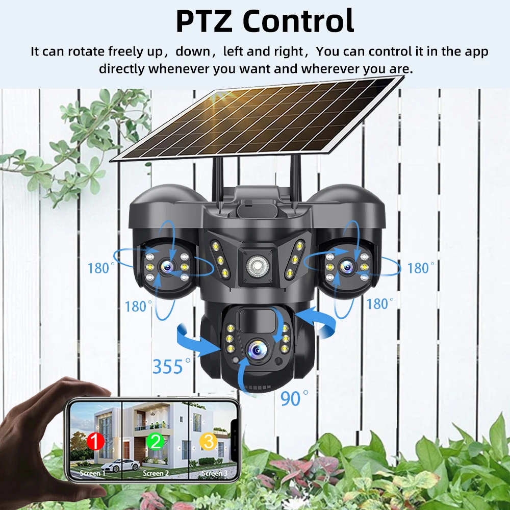 15MP ثلاثة عدسة الشمسية 4G كاميرا متحركة في الهواء الطلق PIR كشف الإنسان IP66 مقاوم للماء فيديو الأمن كاميرات IP مراقبة البطارية