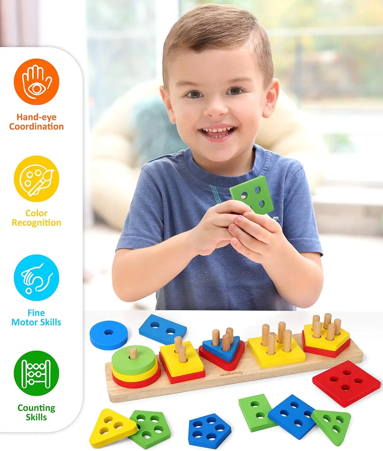 Wooden Sorting Stacking Montessori Toys, Shape Color Recognition Blocks Matching Puzzle Stacker Geometric Board Early Educationa
