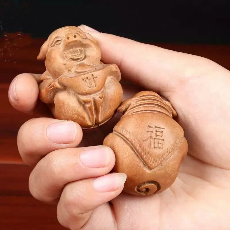 Feicheng Peach Wood Fu Pig Handle Piece Round Pig Handle Ball Fitness Ball Woodcarving Handcarved