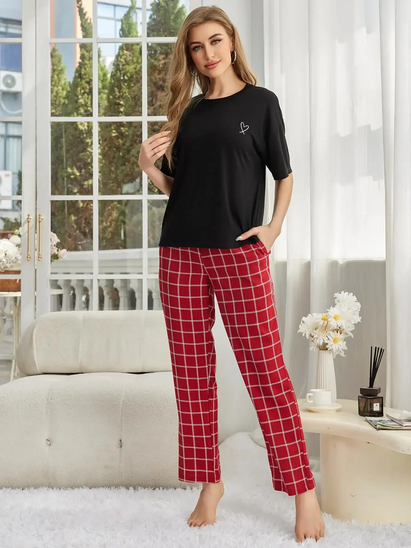 Heart Print Women Pajama Sets Short Sleeves Top & Full-Length Plaid Pants Female 2 Pieces Sleepwear Atumn Spring Fall Homwear