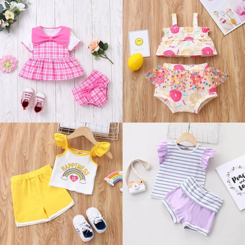 

Summer Baby Girl Clothing Set 2 Pcs Sets Sunflower Print Short Sleeve T-shirts+ Striped Briefs Casual Soft Home Baby Sets 0-18M