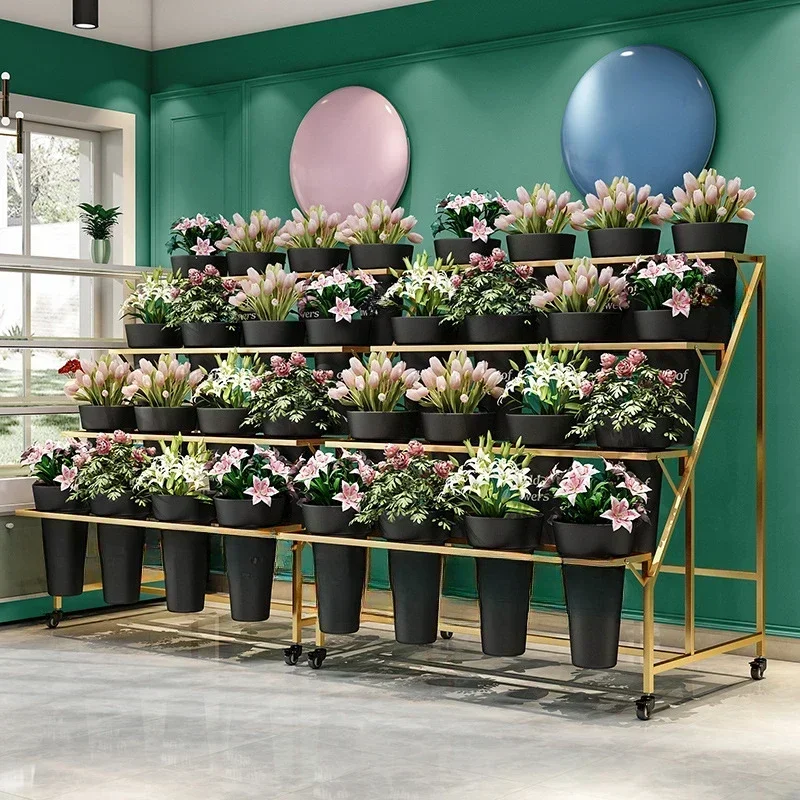 Shop Display Multi Layer Ladder  Stand Movable Iron Flower Stand Flower Bucket Display Shelf Stand  Plant Stands