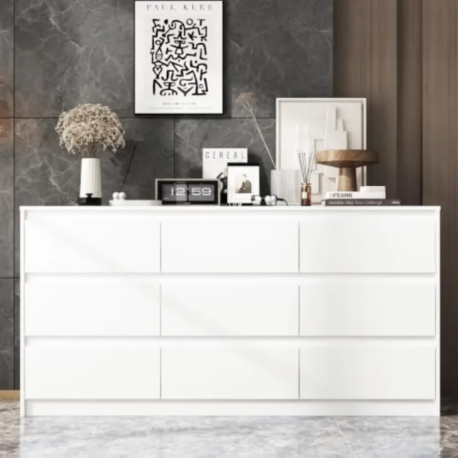 9 Drawer Dresser for Bedroom with Deep Drawers, Large Floor Wood Dressers and Chest of Drawers Handle Free, Modern White Long D