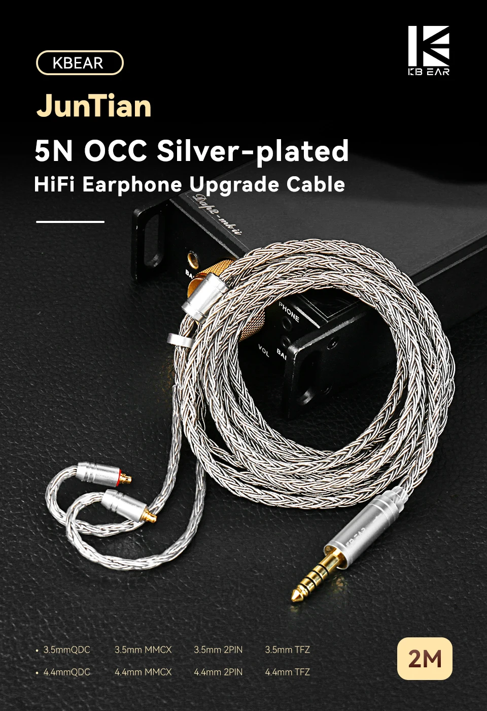 KBEAR JunTian Chord 2 Meter 16 Kerne versilbert OCC HiFi Kopfhörer Upgrade Kabel 2PIN/QDC/MMCX/TFZ Für EDX Pro ZSN CRA NULL – Detail 1