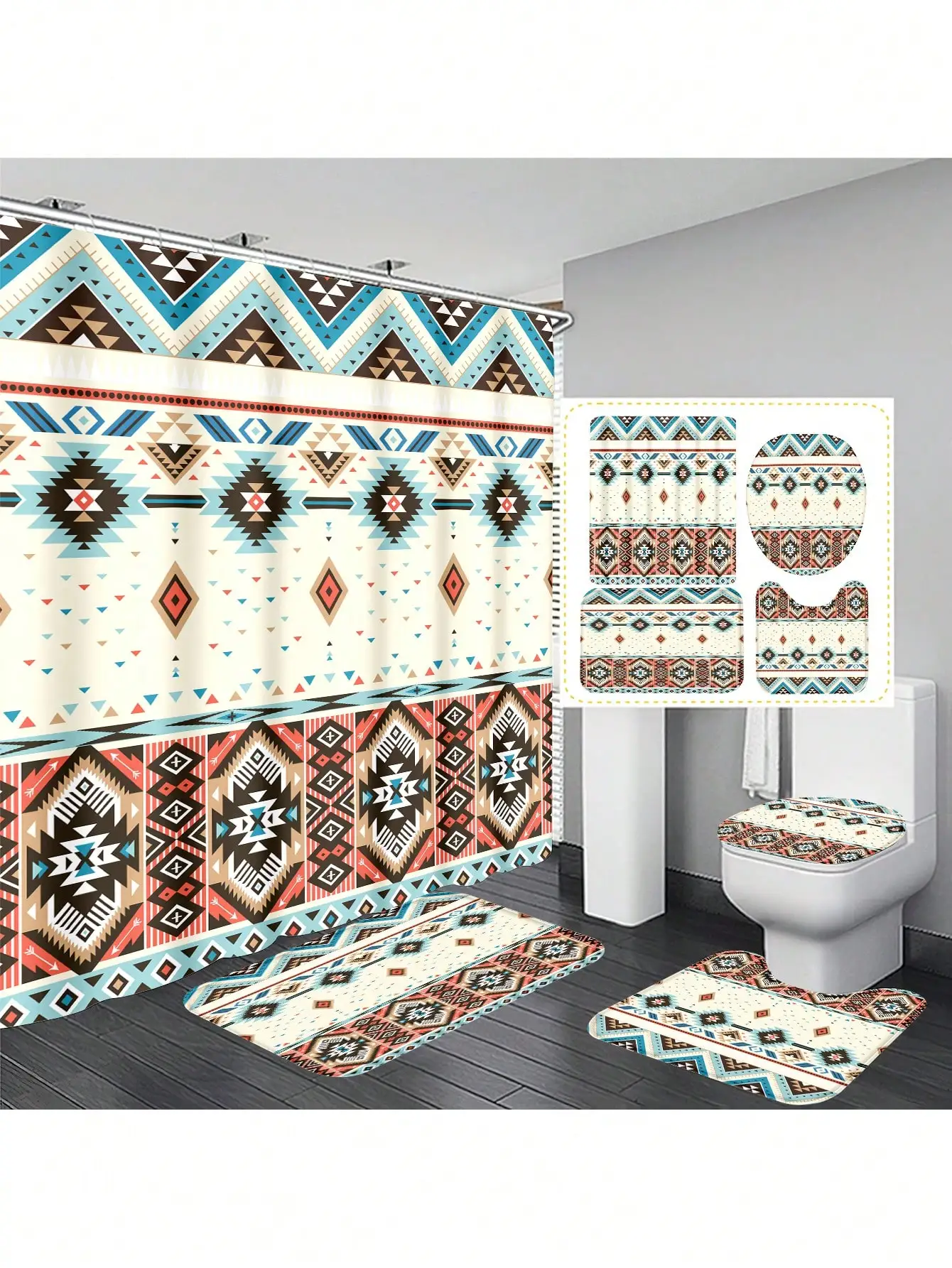 

4 шт., набор занавесок для душа в клетку с геометрическим узором, водонепроницаемая занавеска для душа с 12 крючками, коврик для ванной комнаты, U-образная бухта для унитаза