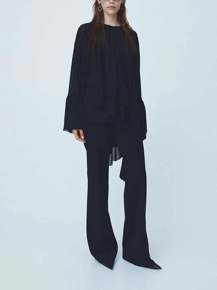 

Зимняя новая женская свободная повседневная универсальная однотонная рубашка нестандартной формы в европейском и американском стиле в стиле ретро с круглым вырезом